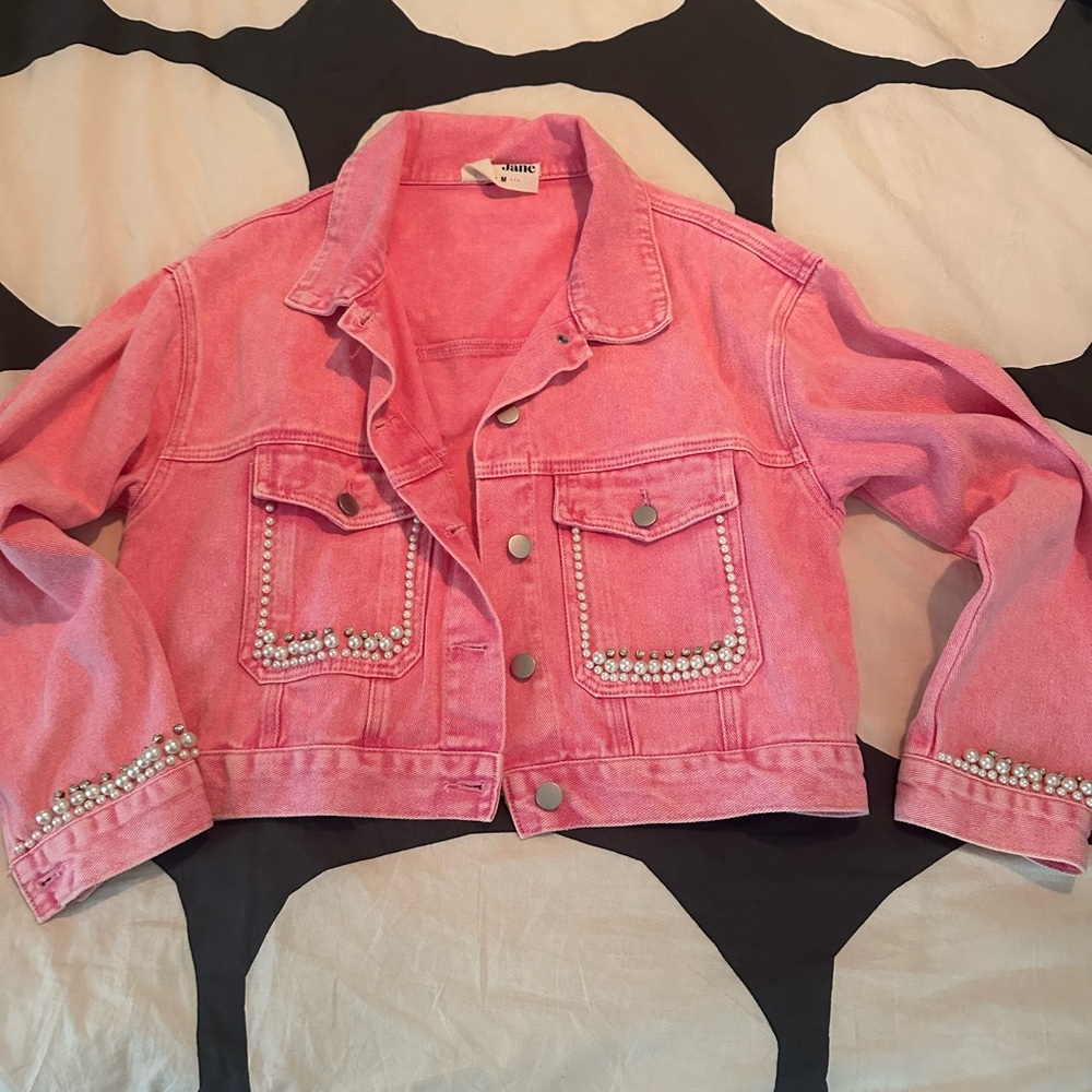 Pink Cropped Denim Jacket with Pearl Accents